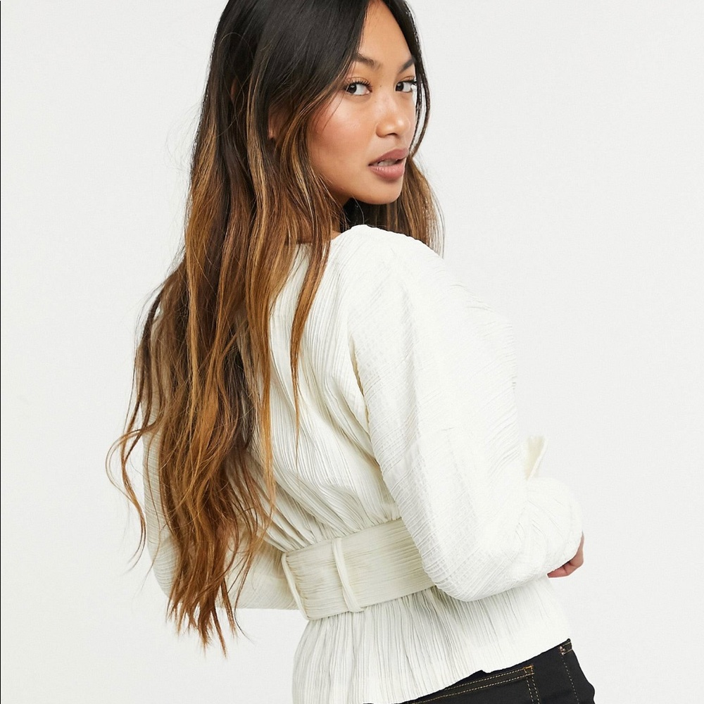 & other stories belted plisse top in off white